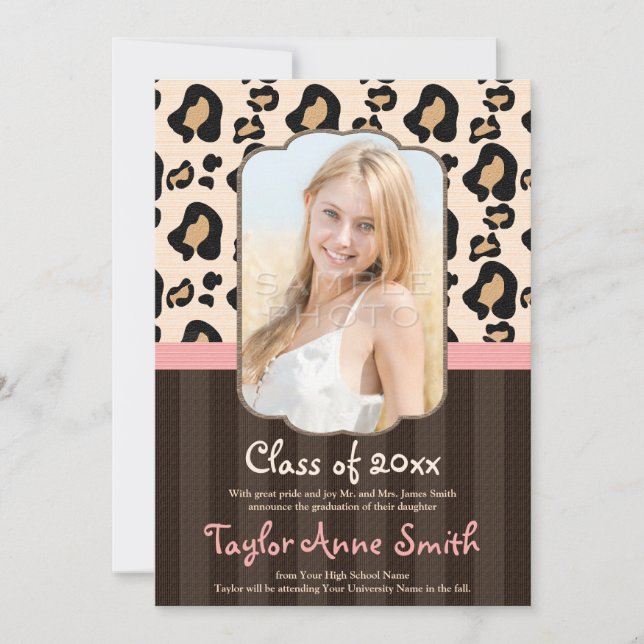 PINK BROWN LEOPARD GRADUATION ANNOUNCEMENT INVITE (Front)