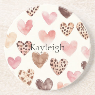 Pink Brown Leopard Print Hearts Birthday Coaster