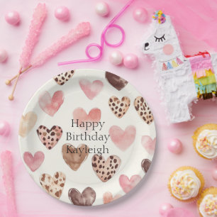 Pink Brown Leopard Print Hearts Birthday Paper Plate