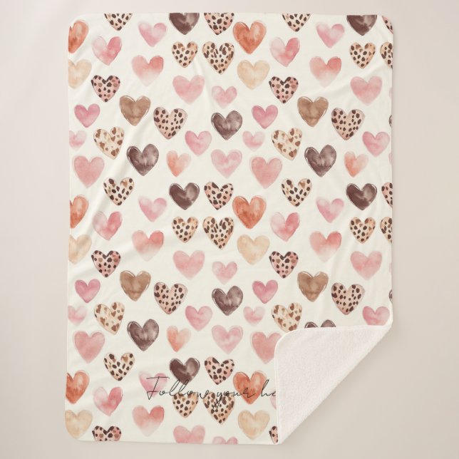 Pink Brown Leopard Print Hearts Sherpa Blanket (Front)