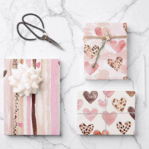Pink Brown Leopard Print Hearts Stripes Christmas Wrapping Paper Sheet