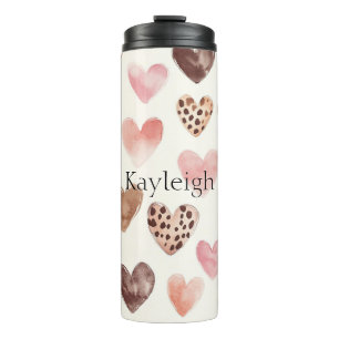 Pink Brown Leopard Print Hearts Thermal Tumbler