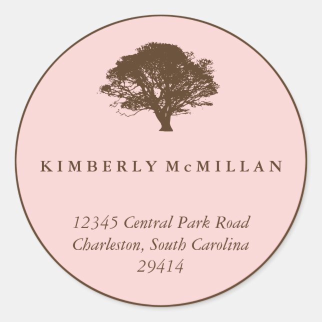 Pink brown oak tree circle custom address label (Front)