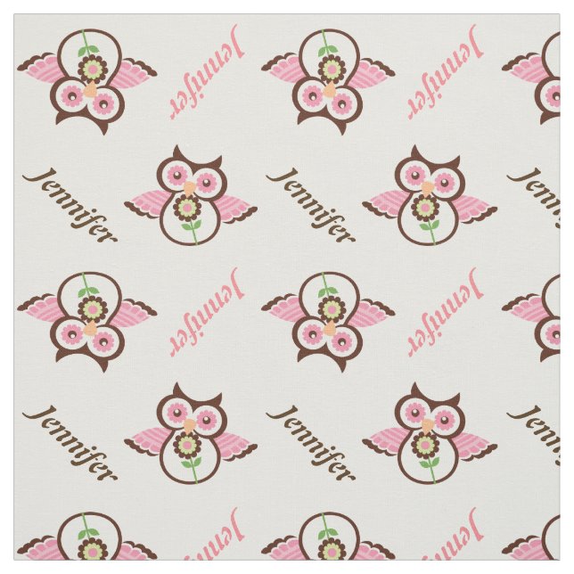 Pink brown owl, flowers & name personalised fabric (Swatch)