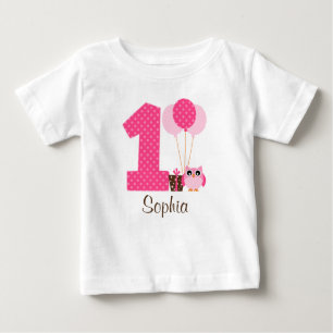Pink Brown Owl Polka Dot 1st Birthday Girl Baby T-Shirt