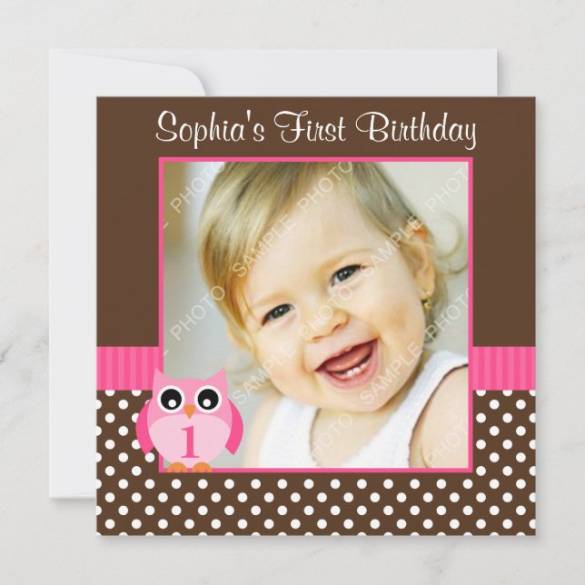 Pink Brown Owl Polka Dot 1st Birthday Girl Photo Invitation (Front)