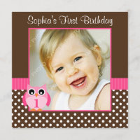 Pink Brown Owl Polka Dot 1st Birthday Girl Photo