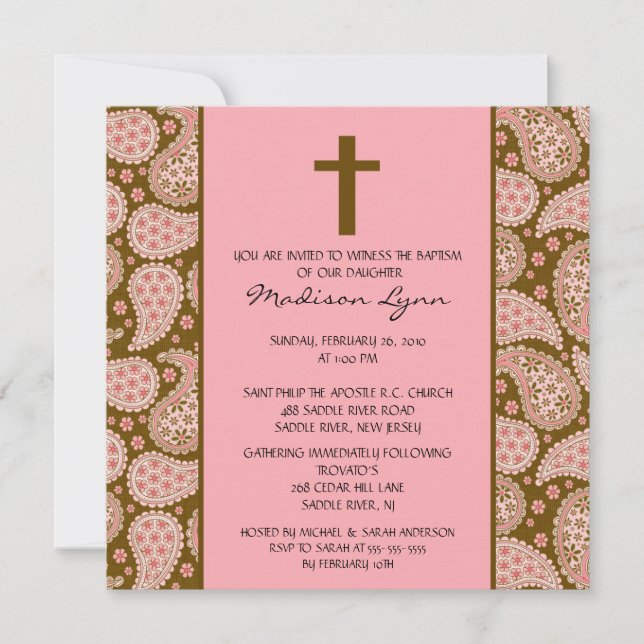 PINK & BROWN PAISLEY Baby Girl Baptism Inviation Invitation (Front)