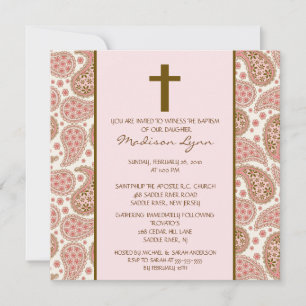 PINK & BROWN PAISLEY Baby Girl Baptism Inviation Invitation