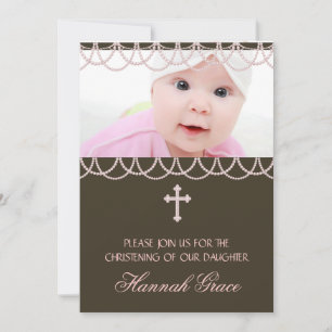 Pink Brown Pearl Cross Baby Girl Photo Christening Invitation