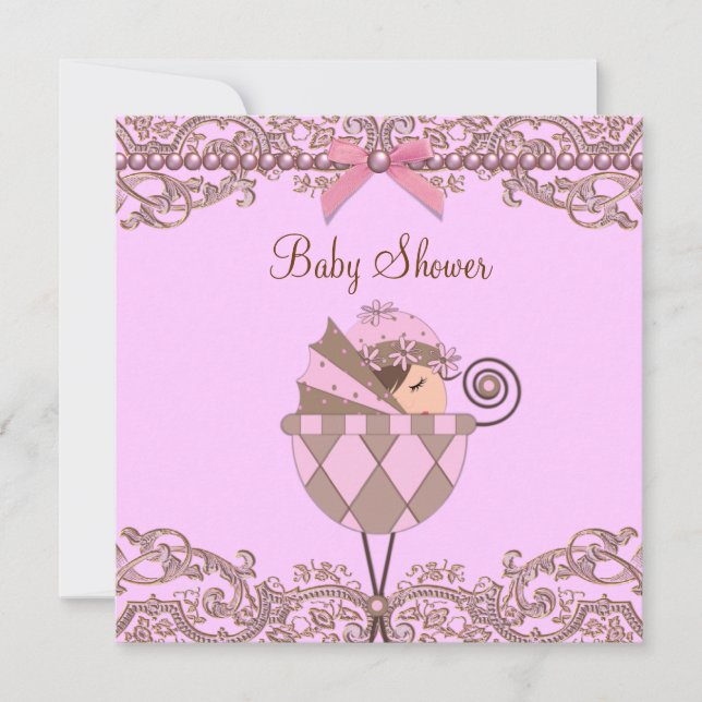 Pink Brown Pearls Lace Girl Baby Shower Invitation (Front)