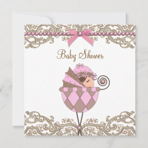 Pink Brown Pearls Lace Girl Baby Shower Invitation