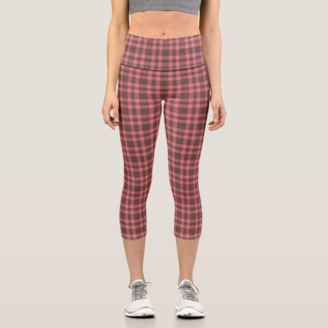 Pink Brown Plaid Pattern Capri Leggings (Front)