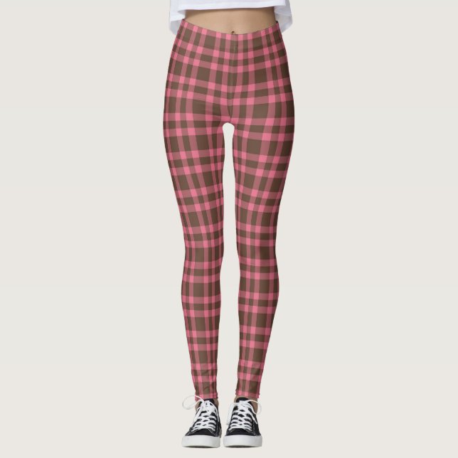 Pink Brown Plaid Pattern Leggings (Front)