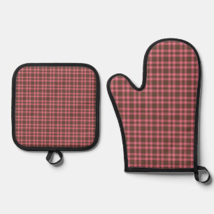 Pink Brown Plaid Pattern Oven Mitt & Pot Holder Set