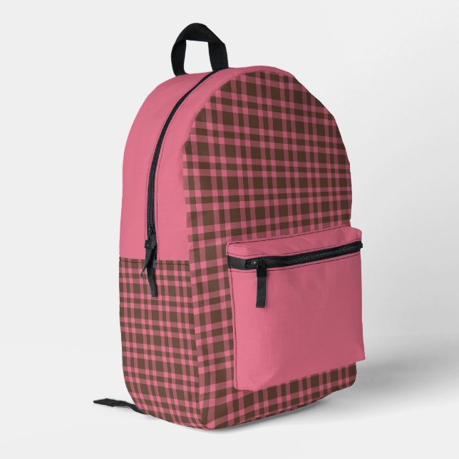 Pink Brown Plaid Pattern Printed Backpack (Back Corner Left)