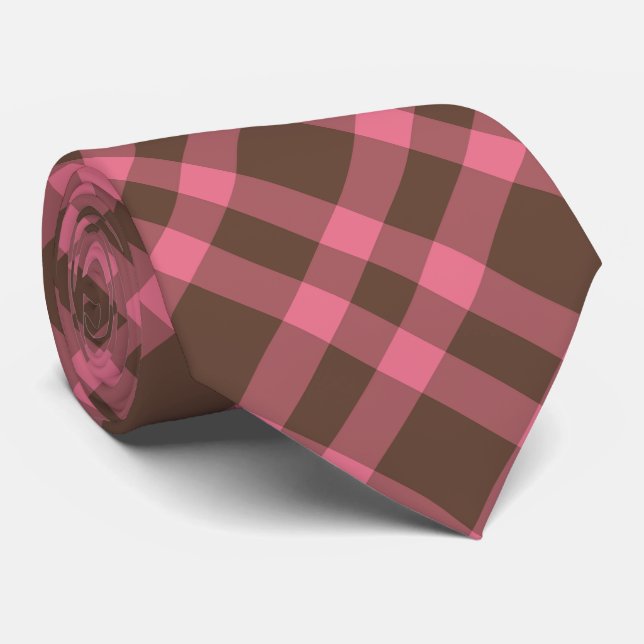 Pink Brown Plaid Pattern Tie (Rolled)