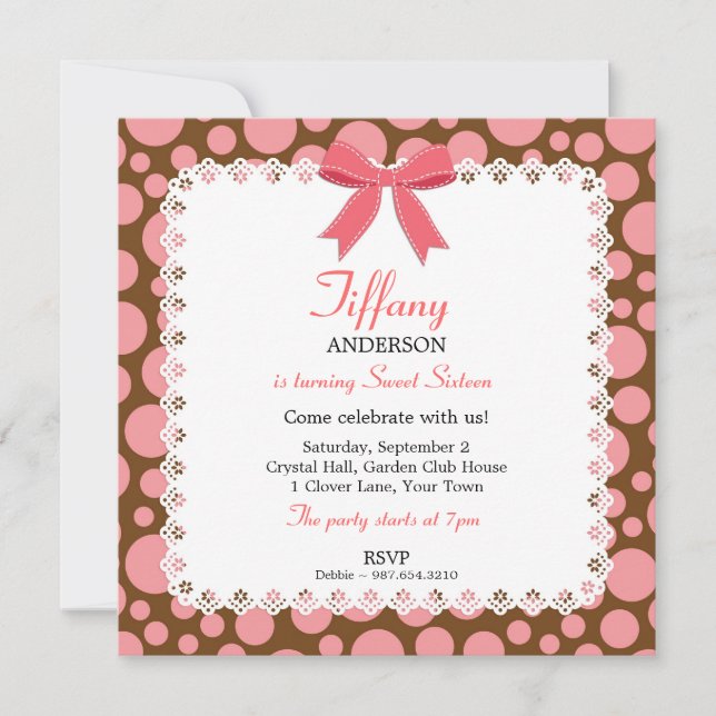 Pink & Brown Polka Dots w/ Lace Sweet 16 Birthday Invitation (Front)