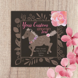 Pink & Brown Pony Theme Birthday Invitation