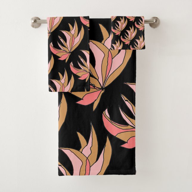 Pink Brown Root Plant On Black  Bath Towel Set (Insitu)