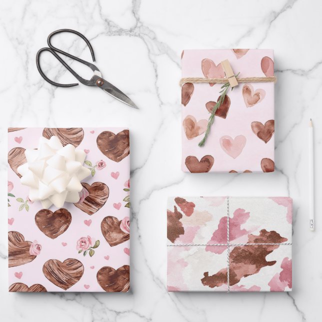 Pink Brown Roses Floral Hearts Bridal Shower Wrapping Paper Sheet (Front)