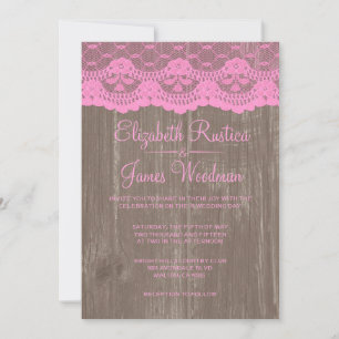 Pink Brown Rustic Lace Wood Wedding Invitations