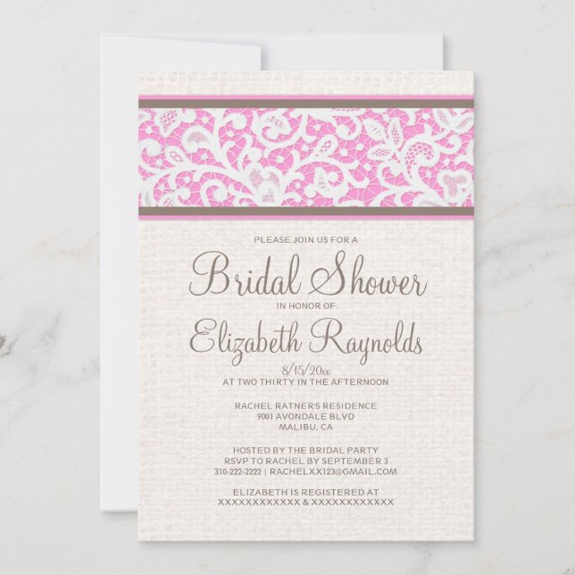 Pink Brown Rustic Linen Bridal Shower Invitations (Front)