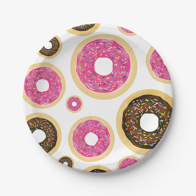 Pink & Brown Sprinkle Doughnuts Modern Birthday Pa Paper Plate (Front)