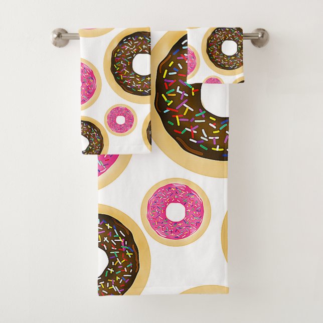 Pink & Brown Sprinkle Doughnuts Modern Fun Cute Bath Towel Set (Insitu)