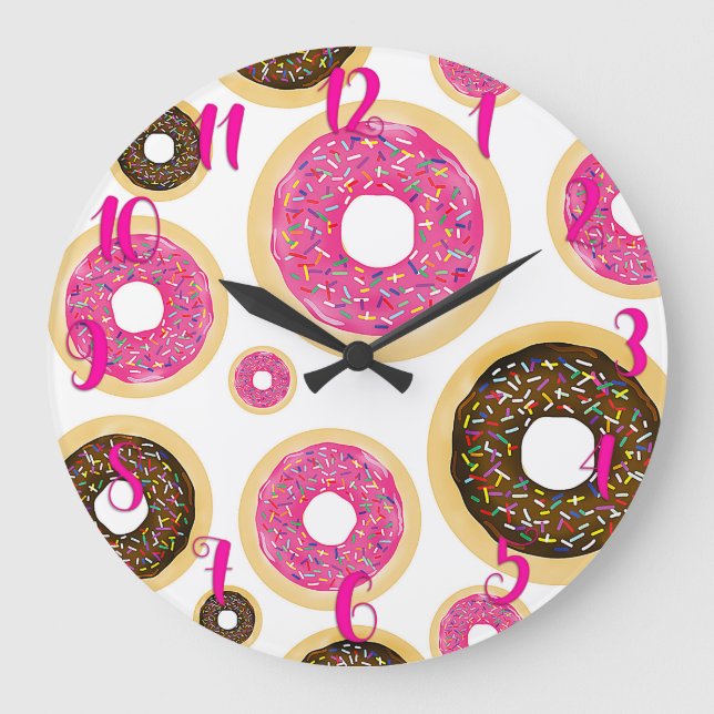 Pink & Brown Sprinkle Doughnuts Modern Fun Cute Large Clock (Front)