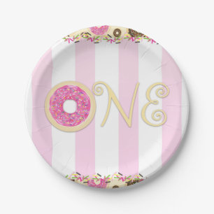 Pink Brown Sprinkle Doughnuts ONE 1ST Birthday Par Paper Plate