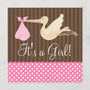 Pink Brown Stork Dots Girl Baby Shower Invitation
