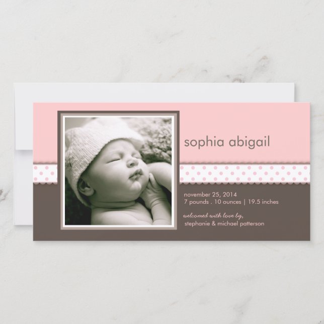 PInk | Brown Sweet Baby Girl Birth Announcement (Front)