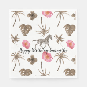 Pink Brown Tropical Zebra Floral Palm Trees Napkin