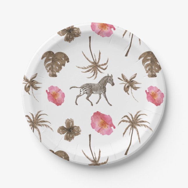 Pink Brown Tropical Zebra Floral Palm Trees Paper Plate (Front)