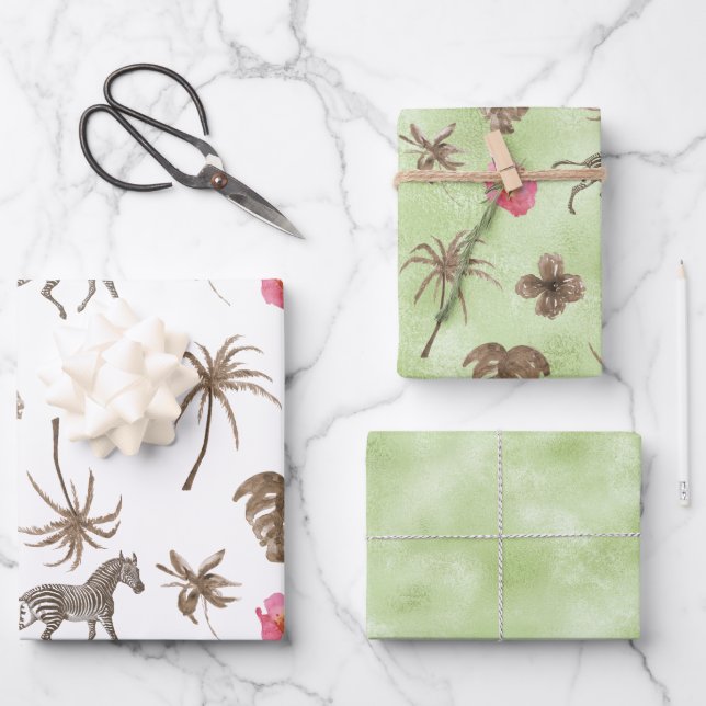Pink Brown Tropical Zebra Floral Palm Trees Wrapping Paper Sheet (Front)