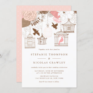 Pink & Brown Vintage Birdcages Wedding Invitation