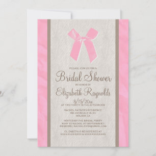 Pink Brown Vintage Bow Linen Bridal Shower Invites