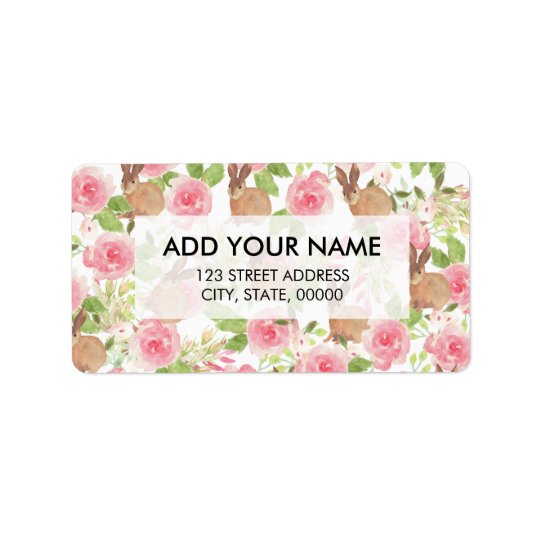 Pink brown watercolor roses floral cute bunny address label