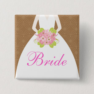 Pink & Brown Wedding Dress Bridal Party 15 Cm Square Badge