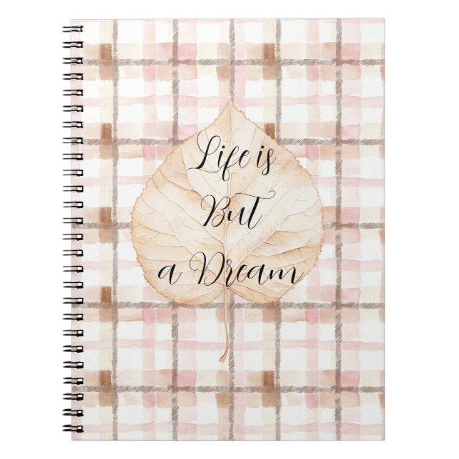 Pink Brown White Plaid Stripes Leaf Notebook (Front)
