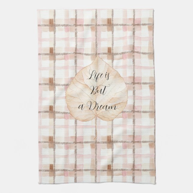 Pink Brown White Plaid Stripes Leaf Tea Towel (Vertical)