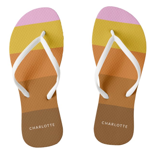 Pink Brown Wide Abstract Stripes Personalised    Thongs (Footbed)