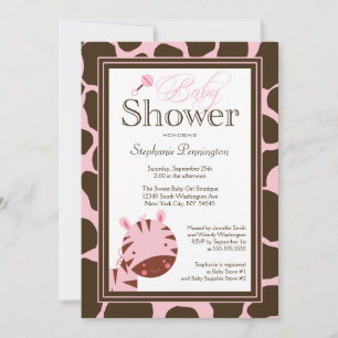 Pink + brown zebra girls baby shower invitation