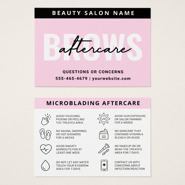 Pink Brows Aftercare PMU Brow Instructions Card (Front & Back)