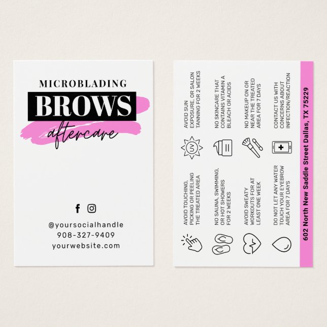 Pink Brows Aftercare PMU Brow Instructions Card (Front & Back)
