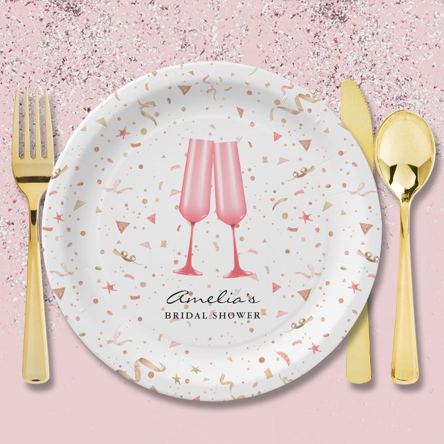 Pink Brunch and Bubbly Bridal Shower Paper Plate (Pink champagne glasses brunch and bubbly bridal shower paper plates)