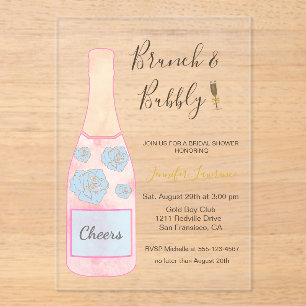 Pink Brunch Bubbly Champagne Bottle Bridal Shower Acrylic Invitations