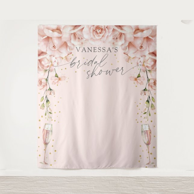 Pink Brunch & Bubbly floral Bridal Shower backdrop Tapestry (Front)