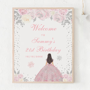 Pink Brunette Hair Girl Birthday Party Welcome Poster